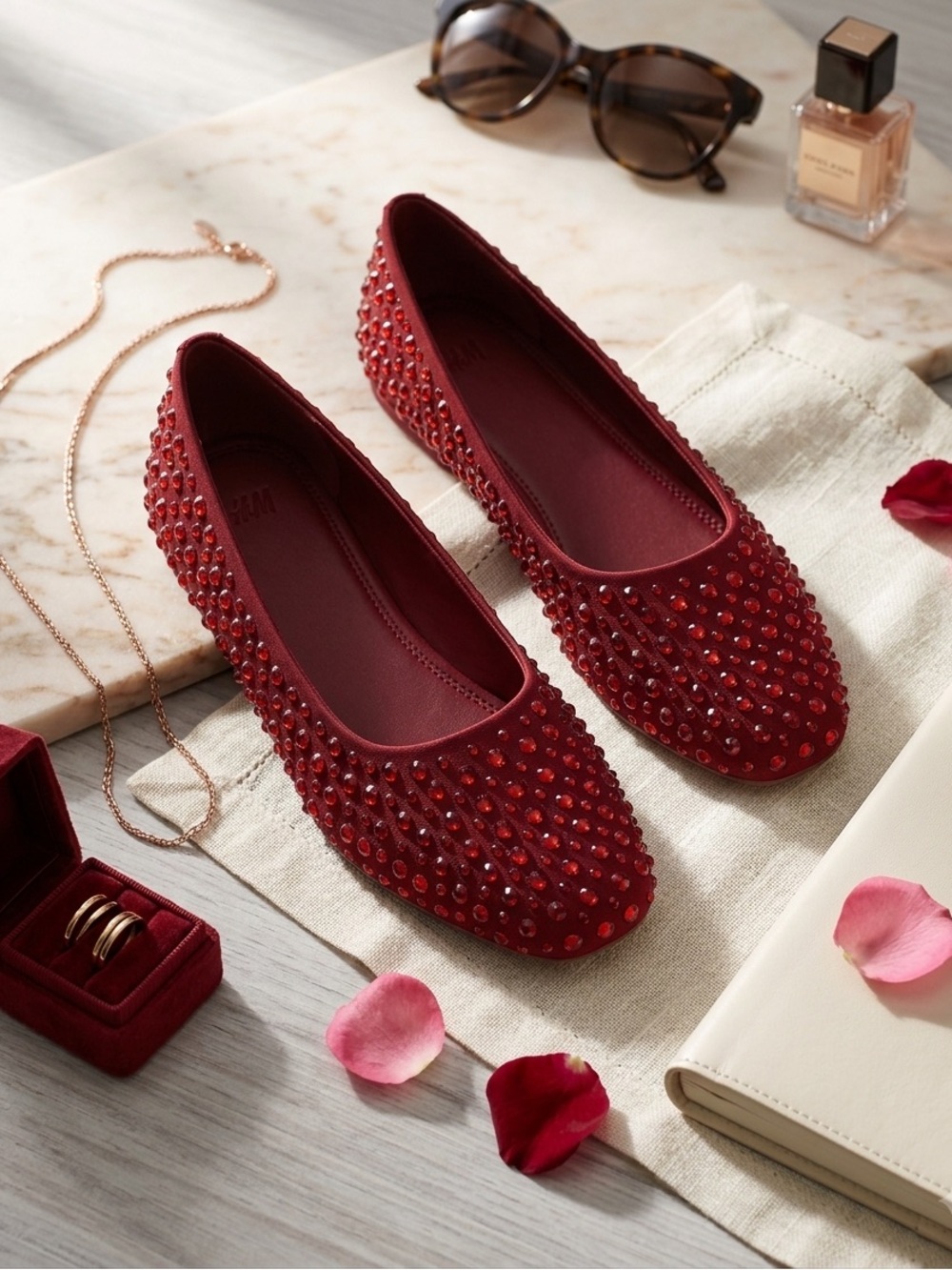 H&M Vibrant Red Rhinestone-Studded Ballet Flats Women's Size 7 US / 38 EU